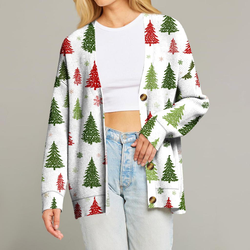Women's Fashion Long Sleeve Print V-Neck Button Loose Cardigan Top