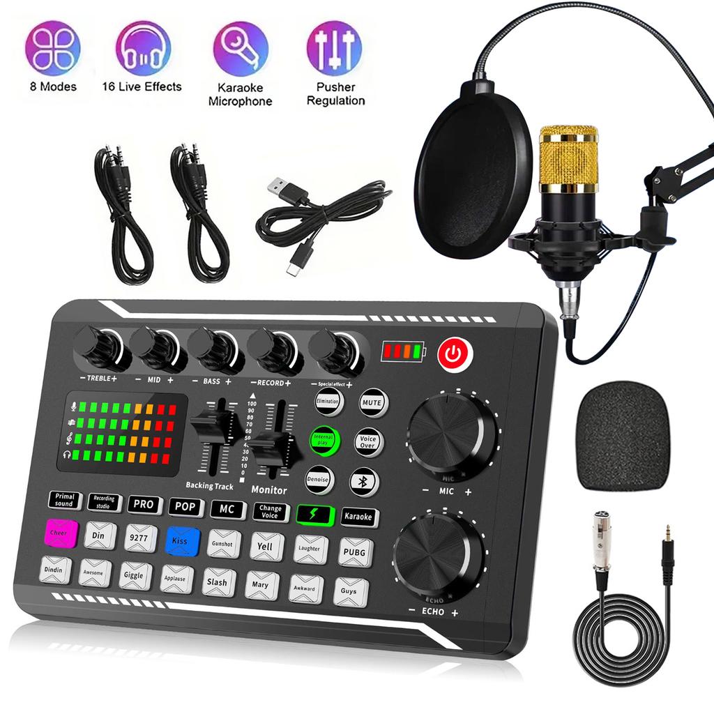 F998 Podcast Live Equipment Bundle, Professionelle Live-Soundkarte mit Mikrofon-Set Mixer Aufnahmestudio-Paket Musik Singen