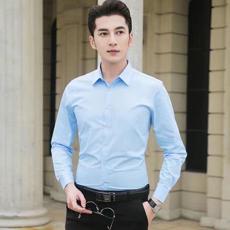 Men's Slim Fit Solid Color Non-Iron Long-Sleeve Korean Shirt for Student Youth - Business Formal Wear