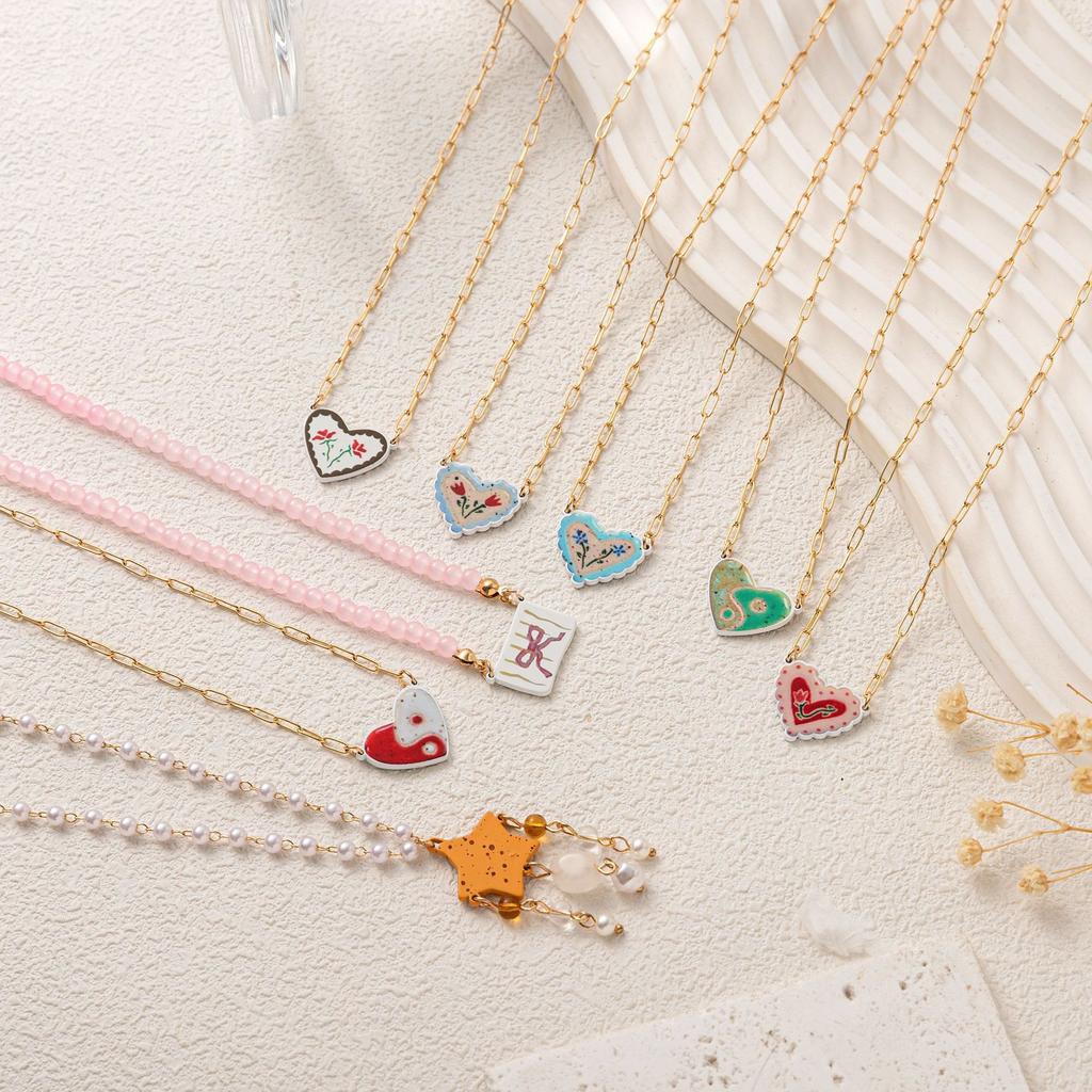 Ceramic Love Star Necklace Small Flower Tai Chi Color Printed Pendant 14K Fresh And Sweet
