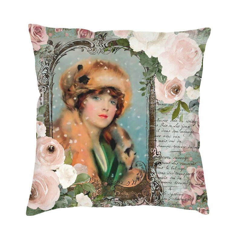 Victorian Angel Print With Vintage Rose Bouquets Shabby Chic Pillow Case xcm Sofa Luxury Cushion Cover Velvet Pillowcase