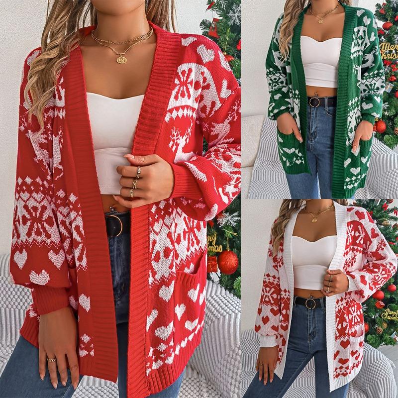 Autumn and Winter Christmas Fawn Pocket Sweater Jacket, Warm and Elegant Loose Ladies Long-sleeved Knitted Cardigan