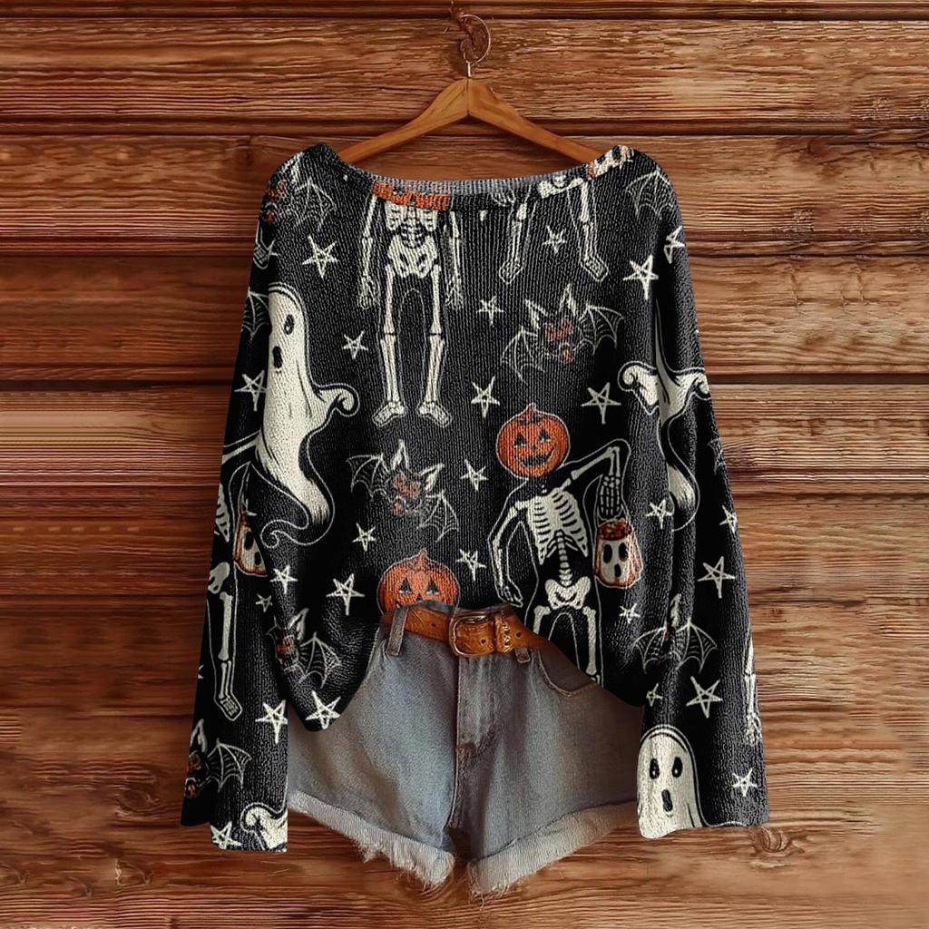 Women's Halloween Sweater, Bohemian Vintage Pattern Print Long Sleeve Knit Pullover