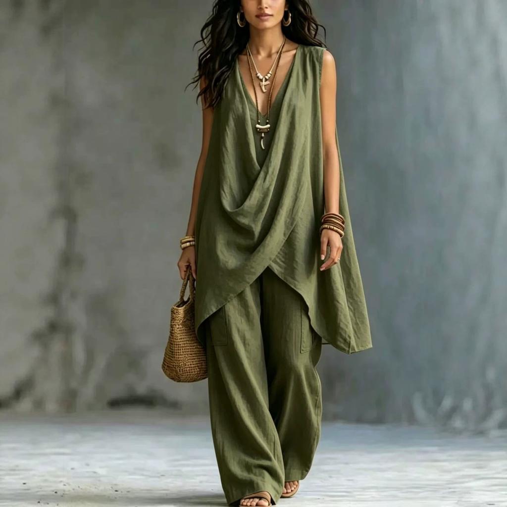 2026 spring and summer cross-border new Amazon women's sleeveless stand-up collar solid color temperament loose cotton and linen fashion style suit
