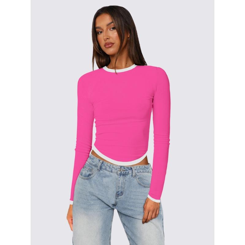 Женские весенне-летние новые облегающие топы с длинными рукавами и круглым вырезом, популярные цвета, укороченные топы-пуловеры XS розы красного