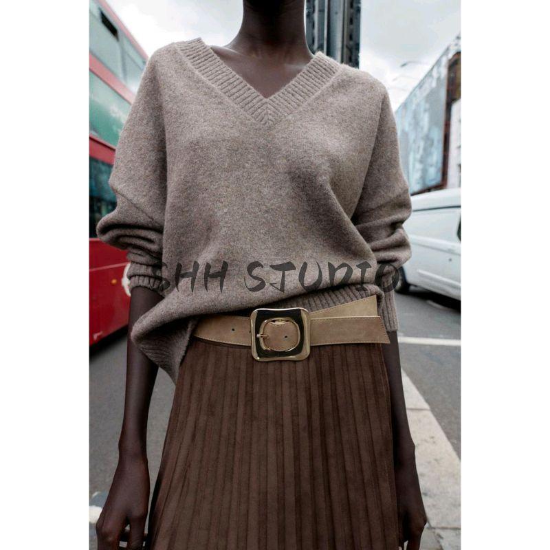 Fall New Women's Clothing Rib Trim Wool Blend Soft V-neck Long-Sleeve Knitwear Tops 2142162