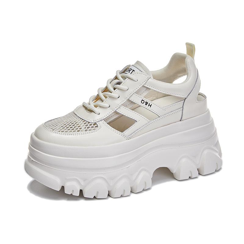 Leather hollow platform sandals women's summer trend versatile height increase strap comfortable women's net shoes one piece 2025