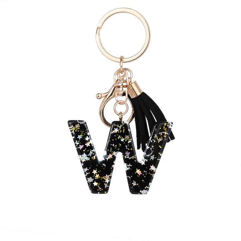 Black Resin Keychain with English Letter Pendant and Tassel