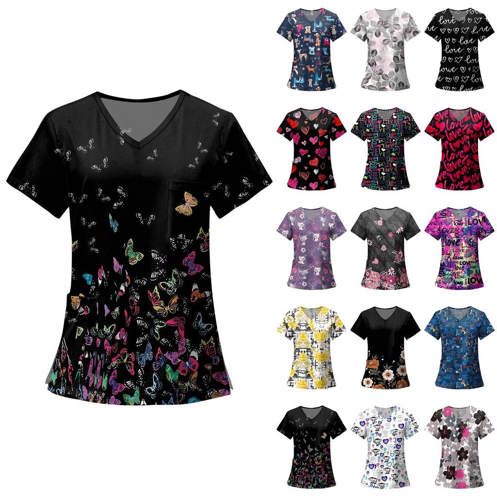 Women's Fashion Printed Short Sleeve V Neck Pattern Tops Pocket Working T-shirts