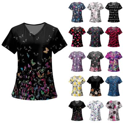 Women's Fashion Printed Short Sleeve V Neck Pattern Tops Pocket Working T-shirts