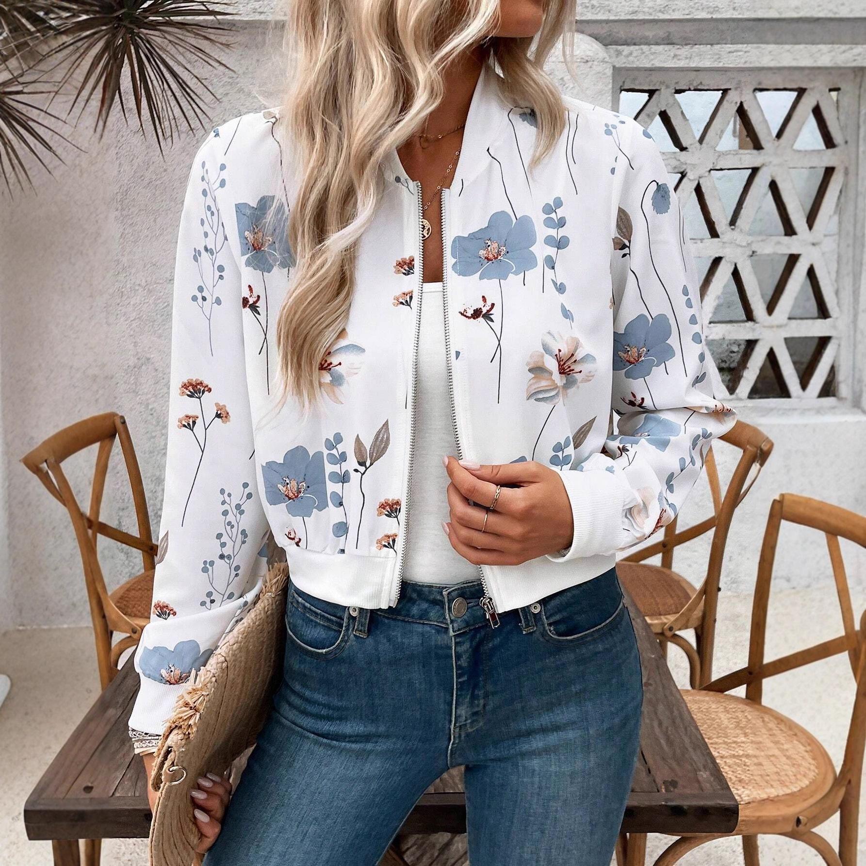 2025 Autumn/Winter Elegant Women s Floral Print Zipper Long Sleeve Short Jacket Large белый