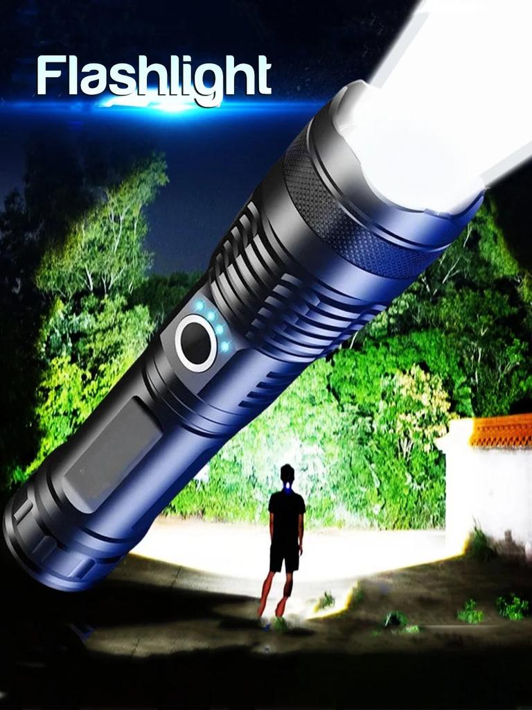 High Power XHP70 LED Flashlight Type-c Rechargeable Aluminium Alloy Torch Zoom Hand Lantern For Camping, Outdoor Emergency