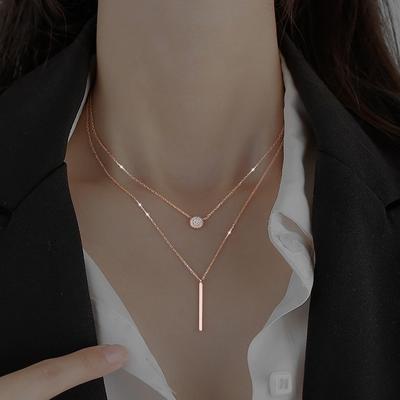Square Flashing Diamond Round Geometric Double Necklace Female Clavicle Necklace Niche Cold and Simple Temperament Necklace Female