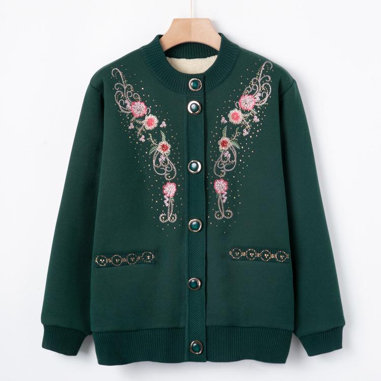 Middle-aged and Elderly Autumn and Winter Embroidered Sweater Grandma Plus Velvet Thickened Sweater Jacket 60-year-old 70-year-old Mother Autumn Top