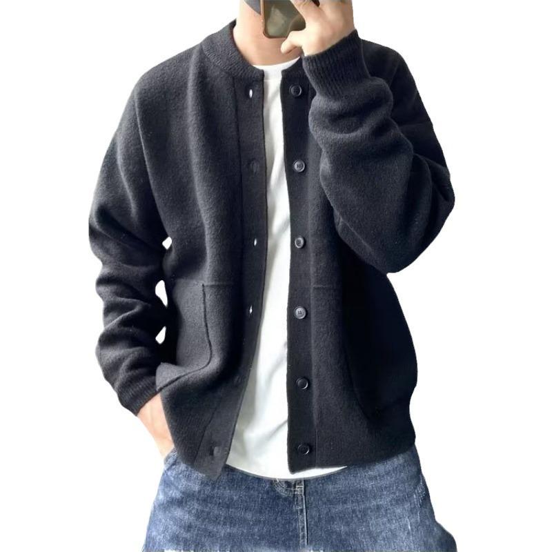 Men's Japanese Round Neck Cardigan: Spring/Fall Hong Kong Style Knit Sweater, Simple Loose Fit, Thick Sweater Coat