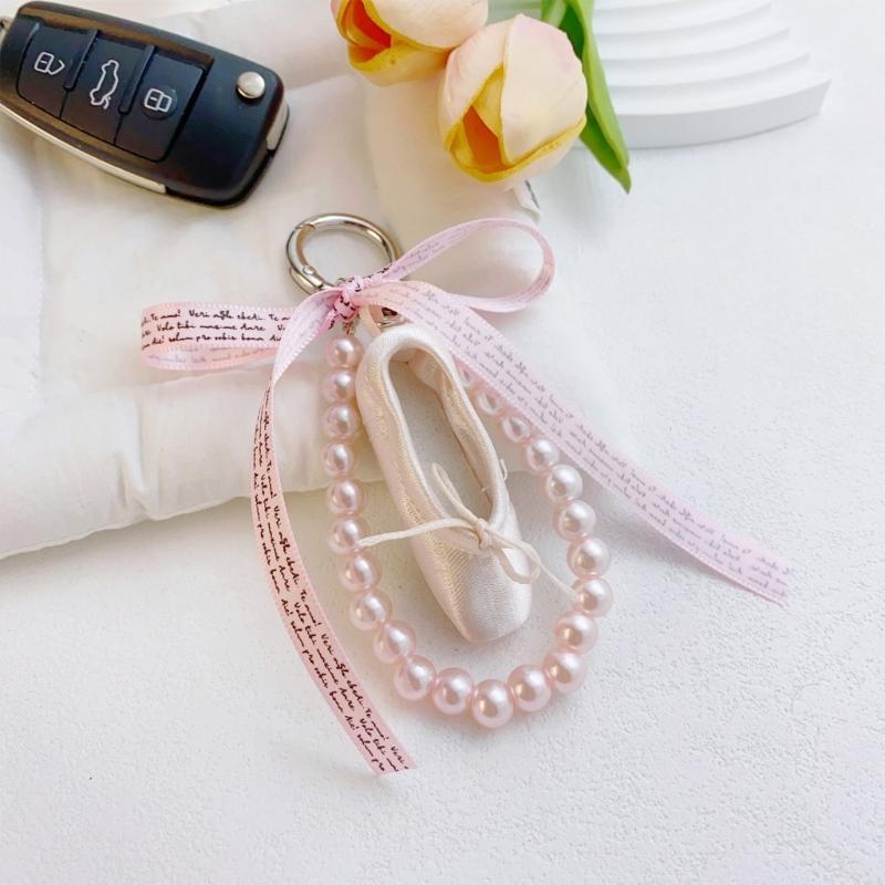 Fashionable Ballet Shoe Keychain Charm with Pearls Ribbon Designs Lovely and Stylish Accessory Portable for Girls
