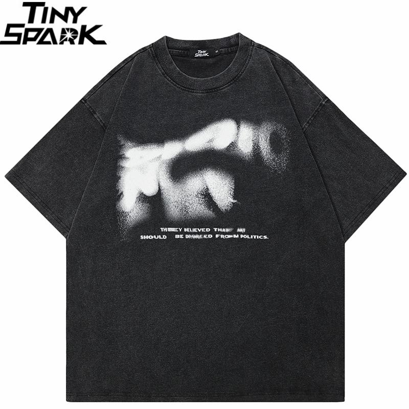 Hip Hop Streetwear Men TShirt Oversized Blurry Letters Vintage Graphic T Shirt Cotton Washed Black Tshirt Unisex Tops Tees