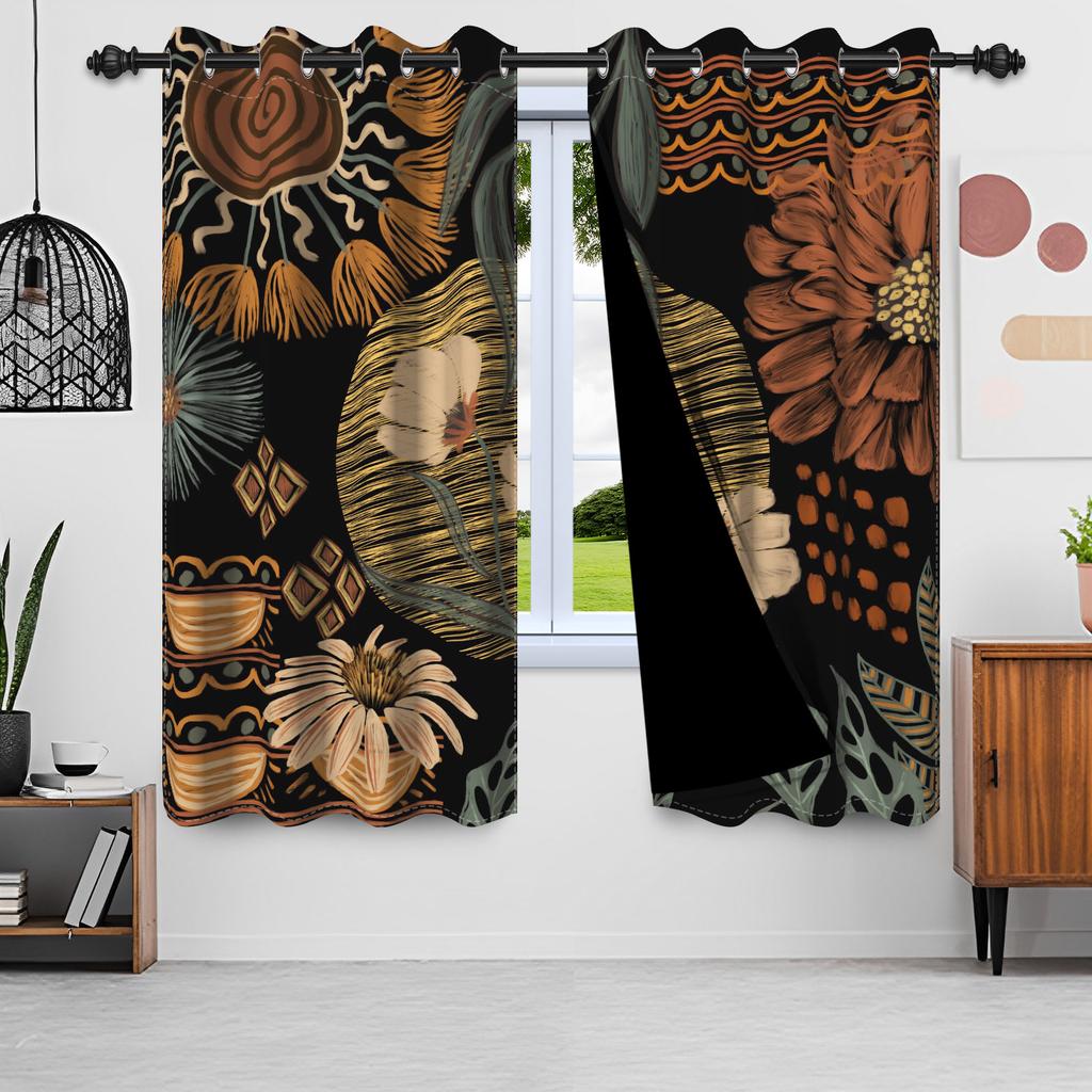 2Pcs/Set Boho Floral Blackout Curtains For Bedroom Vintage Bohemian Tropical Flowers Interior Curtains Grommet Top Window Drapes