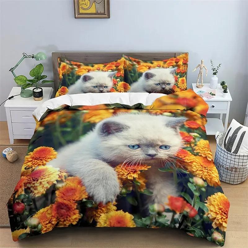 3D Cat Print Duvet Cover Floral Bedding Set Twin Full For Kids Girls Boys Room Luxury Microfiber Quilt Cover