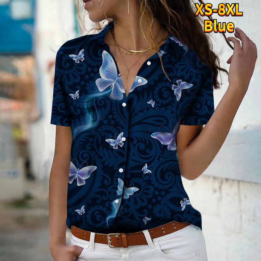 

2025 Summer New Fashion Women s Butterfly Printed Short Sleeve V-neck Casual Button-down Shirt Top XS синій