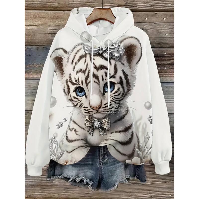 Womens Oversized Hooded Sweatshirt With Cartoon Animal Print Casual Streetwear Top Fall 2025