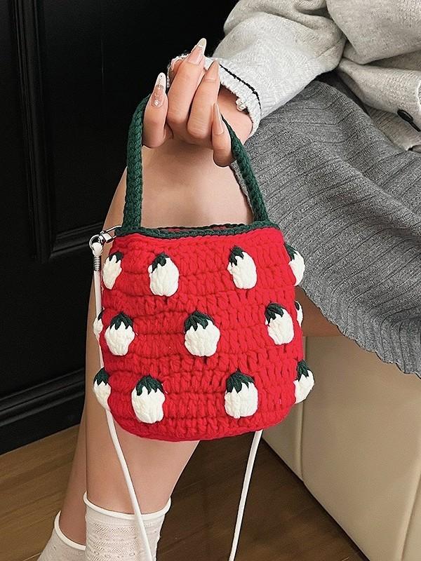 Borsa in Maglia Fatta a Mano a Forma di Fragola con Motivo Floreale per Uso Quotidiano Casual