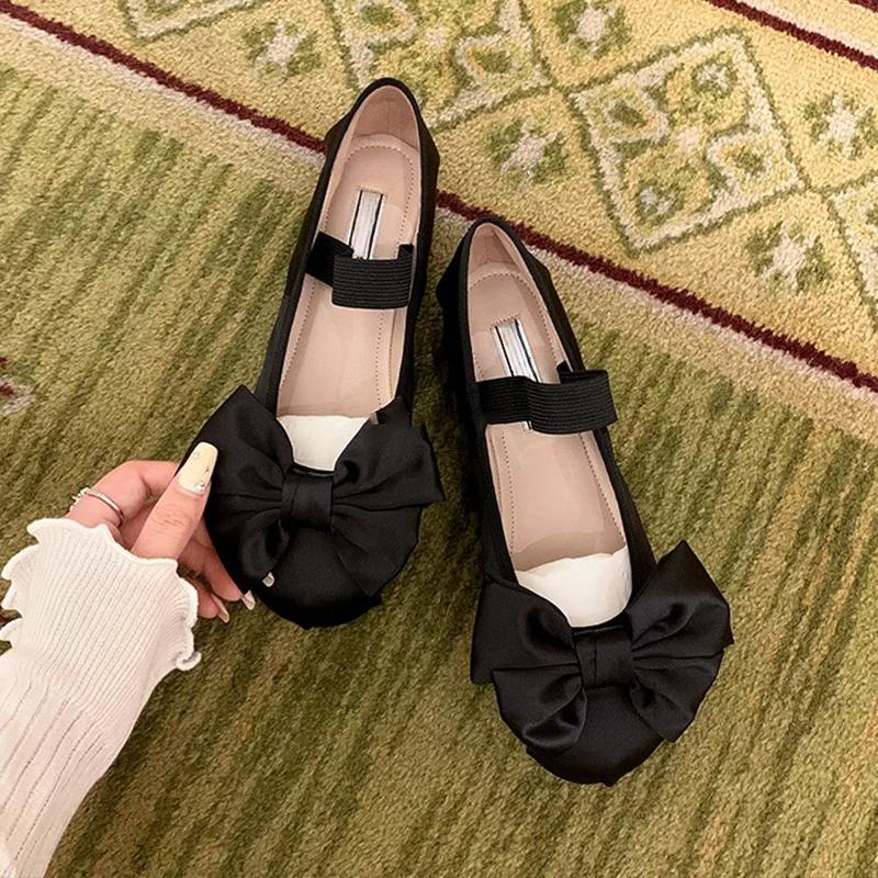 Fashion Elegant Woman Shoes with Low Heels Mary Janes Bow Tie Satin Ballet Flats Pumps Round Toe  Ladies Shoes