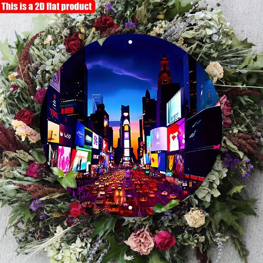2D Flat 20*20cm1pc Night City skyscraper Neon landscape lights Round Pendant, Vibrant Night urban Theme Science fiction style high quality ornament
