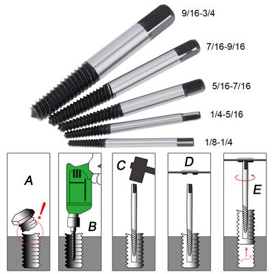 5 peças/lote Aço de Alto Carbono Extrator de Parafuso Danificado Conjunto Easy Out Brocas Removedor de Parafuso Quebrado Pino Sextavado e Ferramentas Removedoras com Chave