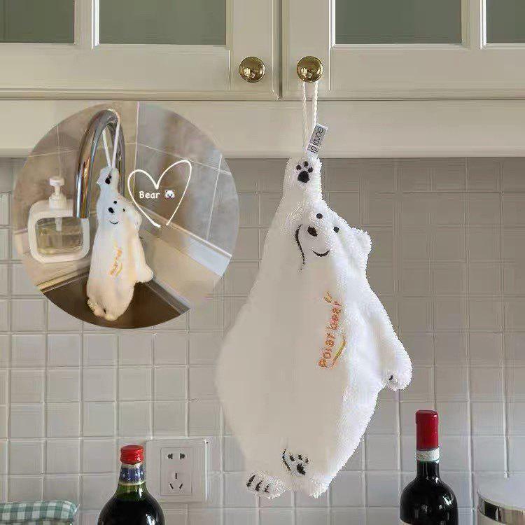 High-Grade Coral Fleece Polar Bear Hand Towel - Absorbent, Quick-Drying for Bathroom & Kitchen White Polar Bear Hand Towel
