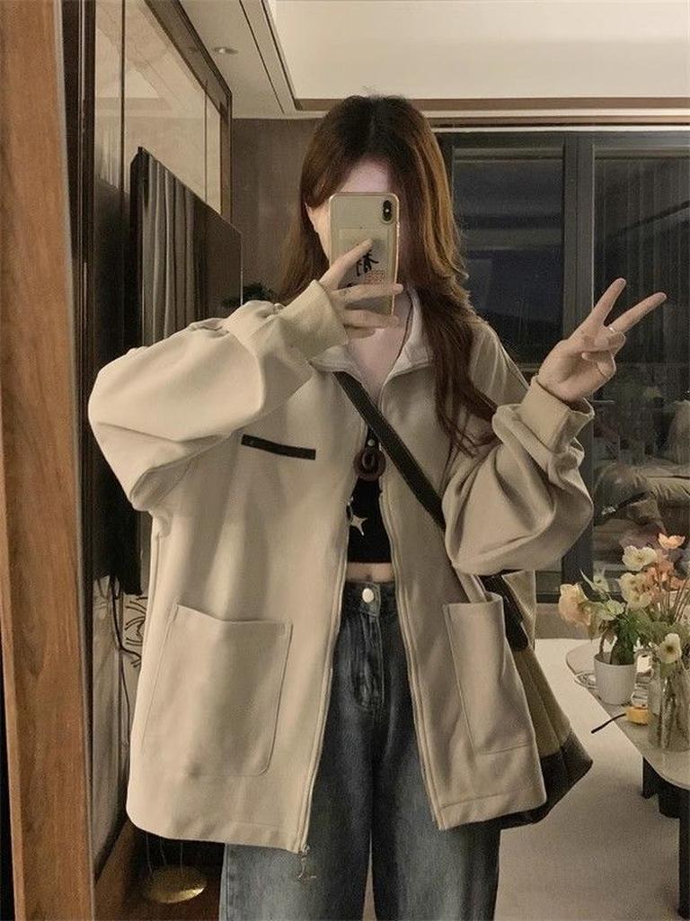 American Style Windbreaker Jacket with Large Pockets and Stand-up Collar for Men and Women, Loose Casual Overcoat