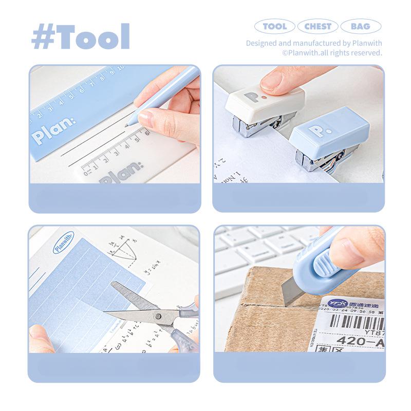 Mini Student Stationary Set for Kids Simplicity Blue White Color Pen Ruler Stapler Scissors Knife Set School Supplies Practical