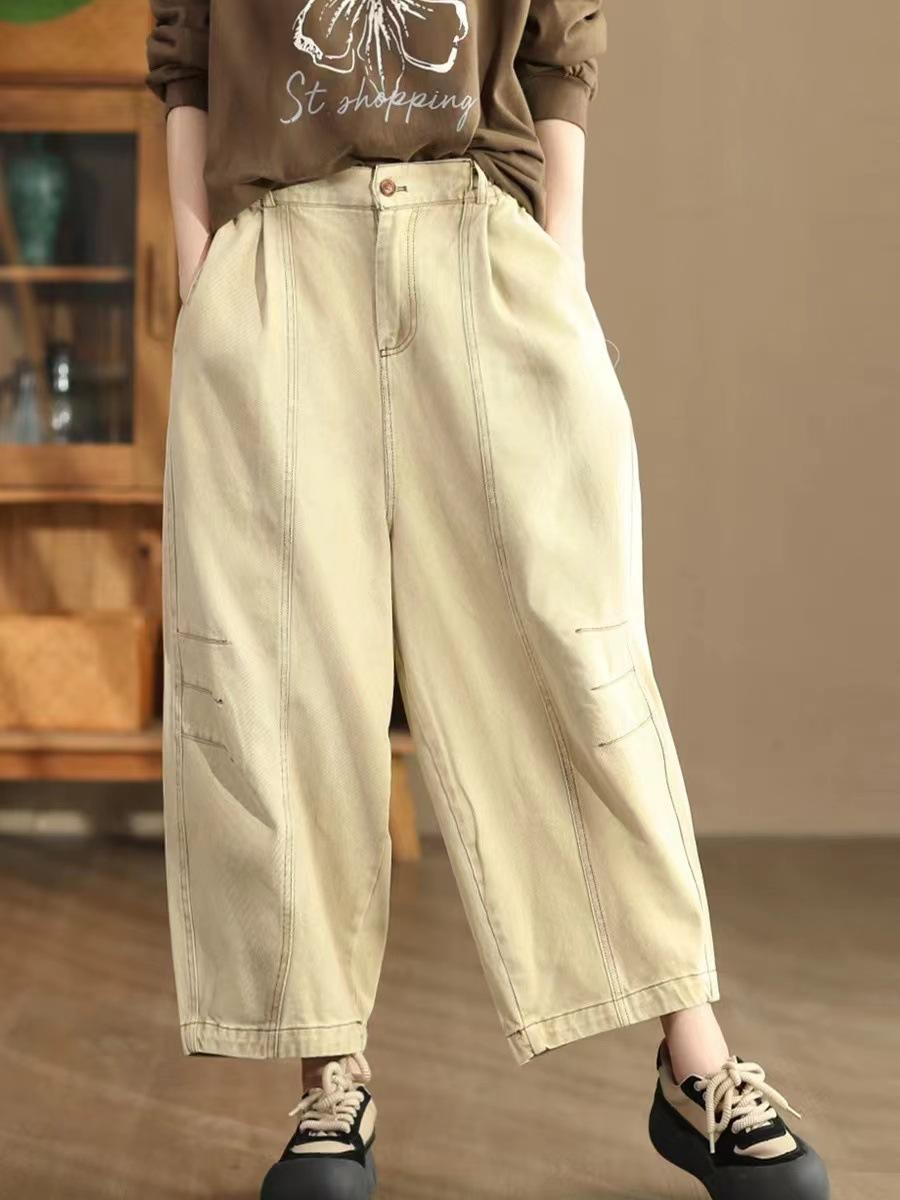 

Johnature женские осенние нишевые повседневные однотонные ковбойские брюки в китайском стиле стирающиеся индивидуальные брюки One Size бежевый