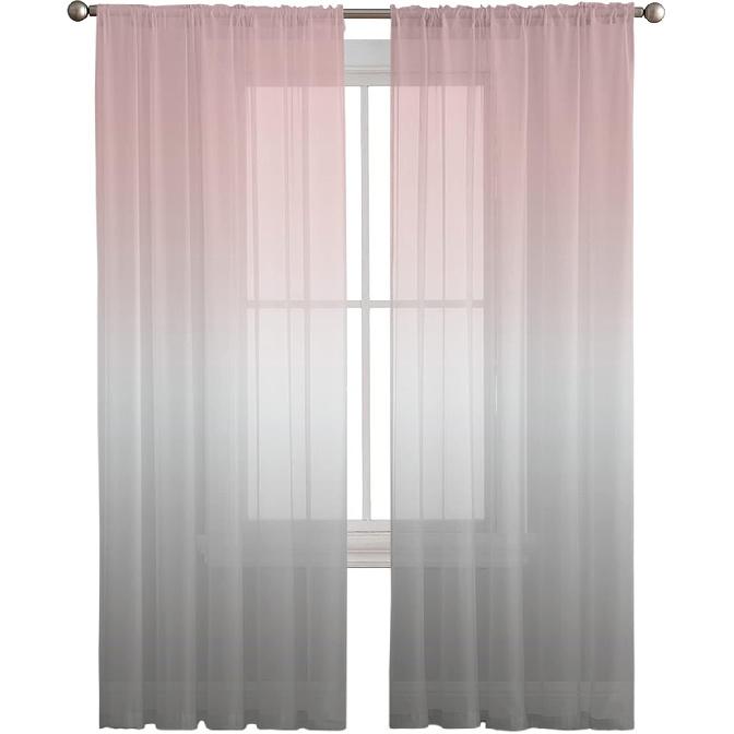 Ombre Pink Grey Sheer Curtains 63 Inches Length 2 Panels Set Chiffon Curtain Sheers for Living Room, Modern Solid Color Gradient Rod Pocket Window