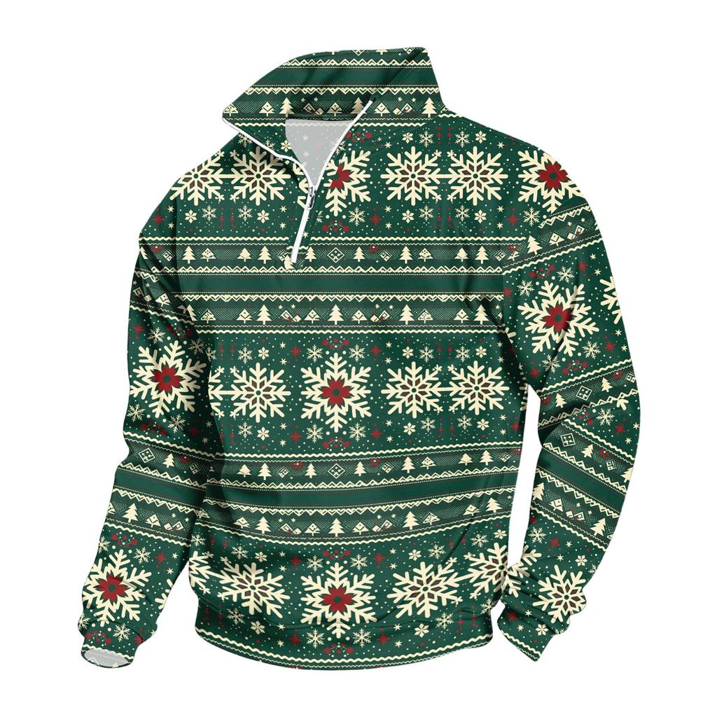 Men's Casual Quarter-Zip Stand Collar Sweatshirt with Christmas Print, Holiday Pullover