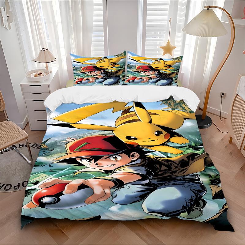 

3pc Pokémon Trainer Pikachu Bedding Set Guest Room Bedroom Decor Christmas Halloween Decor Birthday and Holiday Gifts- All Seasons 3pcs Quilt 057 135x200cm