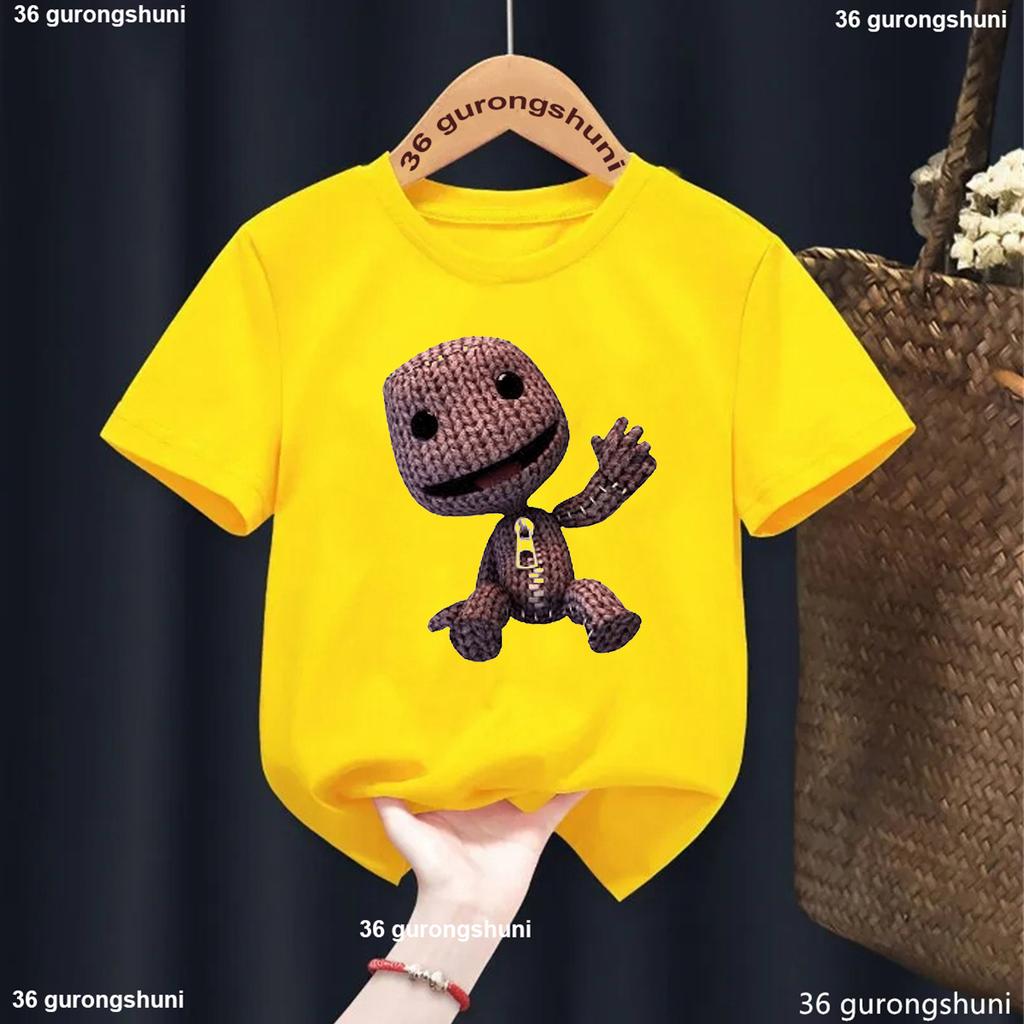 New Boys T-Shirt Funny Video Game Lbp Sackboy Cartoon Print Kid Tshirt Fashion Trendy Boys Clothes Summer O-Neck White Shirt Top