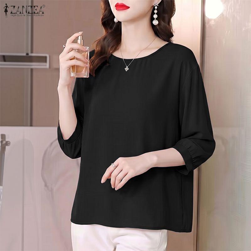 ZANZEA Women Casual Round Neck Solid Color Loose 3/4 Sleeve Blouse