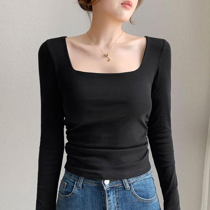 Square neck bottoming shirt women's new women's clothing, thin big neck white inner pleated waist long-sleeved chic top