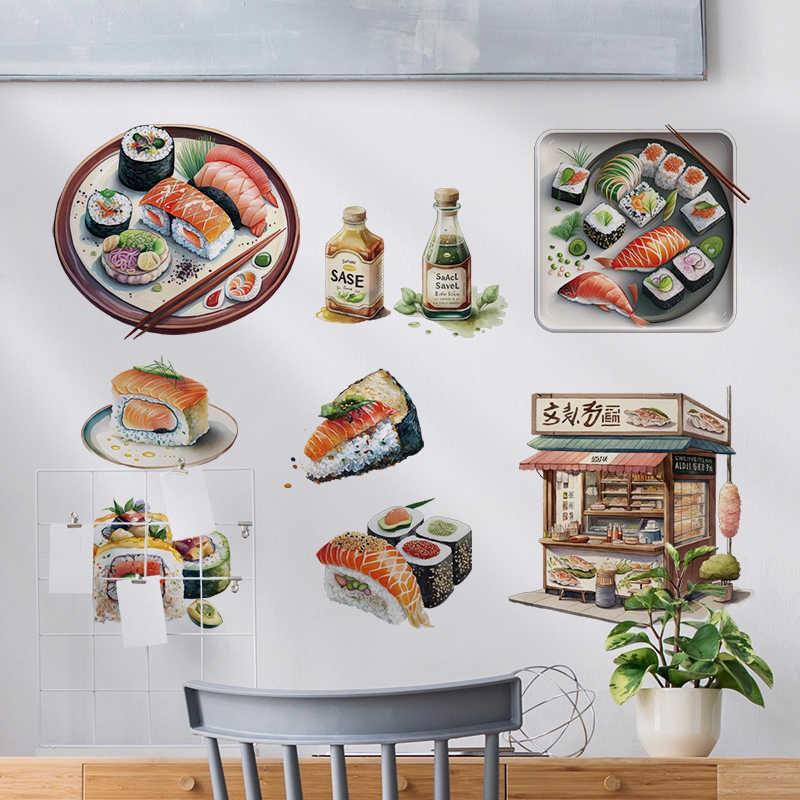 Japanese Food Sushi Sticker 3D Japanese Style Sushi Restaurant Background Wall Decor Window Glass Door Wall Decor Sticker