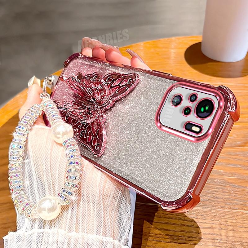 Note10s Lanyard Plating Butterfly Holder Silicone Case For Xiaomi Redmi Note 10 Pro 10s 10pro 4g Shockproof Stand Cover Note10