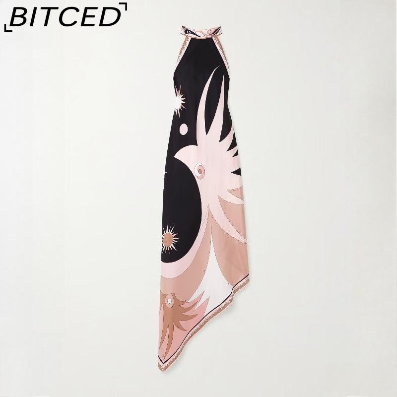 BITCED Женское летнее сексуальное атласное платье с принтом, на бретельках, с открытой спиной, для отпуска, пляжа S