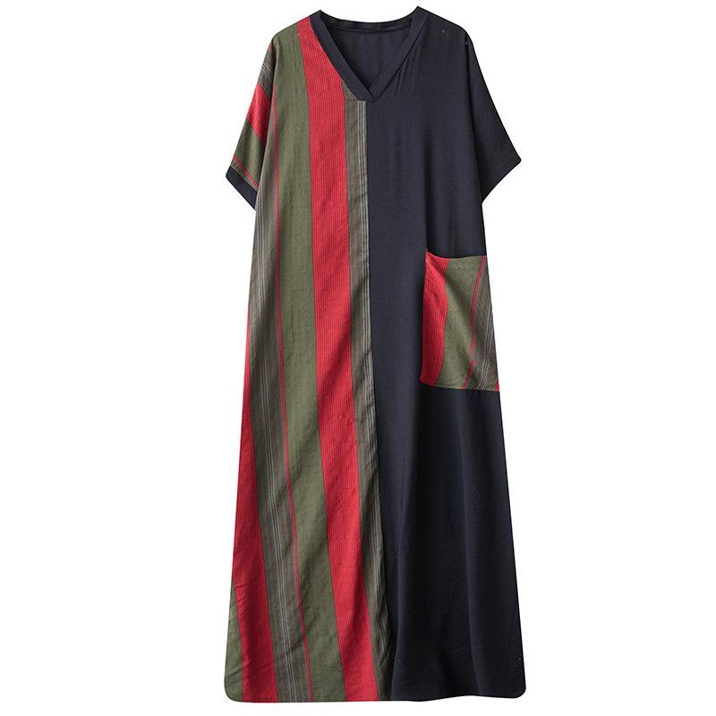 Sommer Fett Mm Dünn Baumwolle Leinen Schlankmachend V-Ausschnitt Kurzarm Kontrastierende Spleißung Mittellanges Kleid für Damen Kleider