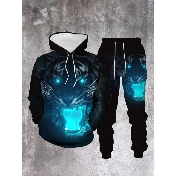 

Men s Hoodie and Jogger Set Winter Casual Trendy Glowing Tiger Face 3D Print Street Style Men s Fashion for Adults Men Casual Wear Sportswear Holiday 0XL