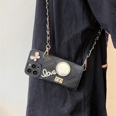Apple 14Promax Silicone Case with Chain Purse & Rhinestone Mirror for iPhone 13-Goddess Model