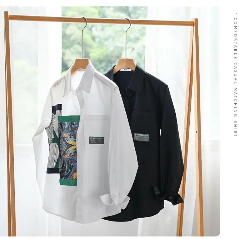 Frühling Sommer Langarm Weiße Hemden für Männer Street Style Casual Shirt Korean Fashion Stitching Printed Shirt Jugend Reine Baumwolle Lose Top