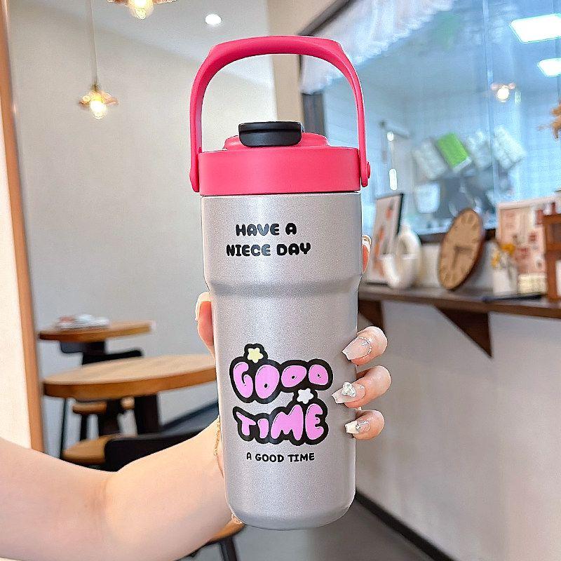 Large Capacity Thermos Cup for Women, New 2024 Model, Stylish Student Straw Cup, Dual-Use Coffee Cup, Portable