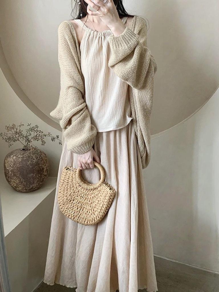 Luxurious Retro Ice Silk Cotton Linen Midi Skirt for Women: Spring/Summer 2026 Slimming High-Low Floor-Length Dress