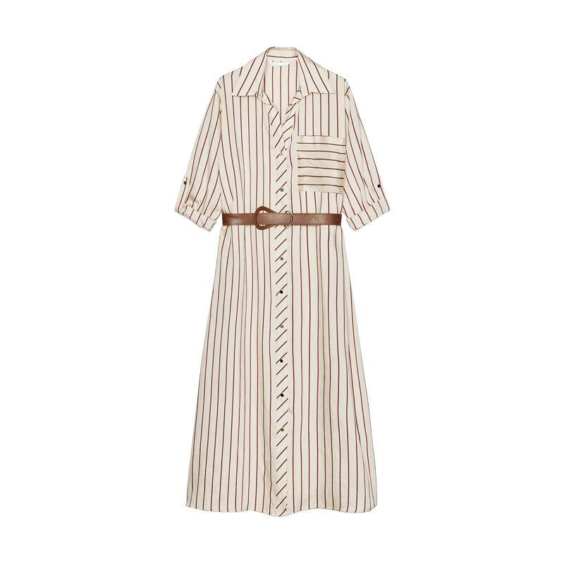 

Spring New Women s Clothing Fashion Style with Belt Pocket Decoration Stripes Print Midi Skirt Dress 5029068 Nude color L