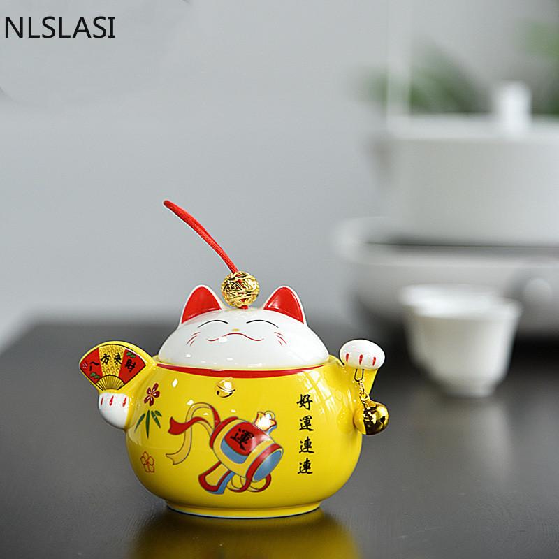 Lata de té de cerámica Lucky Cat Juego de té Juego de té Tarro de té Pu'er Mini lata de té sellada portátil Accesorios para el juego de té del hogar NLSLASI